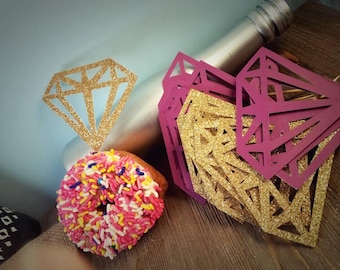 Bachlorette party decor, 16ct. diamond ring engament party decoration, diamond cupcake topper, wedding cupcake topper, doughnut topper