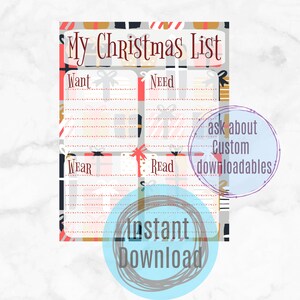 Printable Christmas List, Want Need Wear Read, Childs Christmas List ...