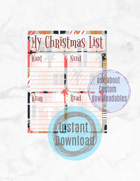 Printable Christmas list want need wear read Childs | Etsy