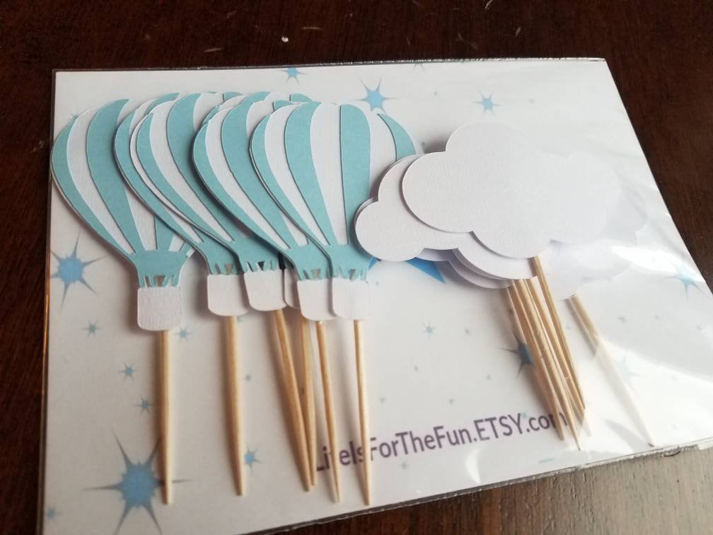 Hot air balloon cupcake toppers, 12 pieces,balloon baby shower, oh the places birthday, hot air balloon decorations, cloud party decorations