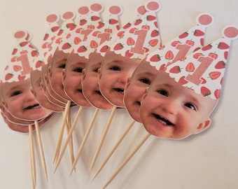 Strawberry party, berry birthday, strawberry party, Custom face cupcake toppers, first birthday, 21st,30th,50th, bachelorette, decorations