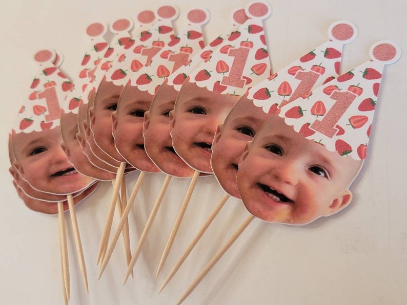 Strawberry party, berry birthday, strawberry party, Custom face cupcake toppers, first birthday, 21st,30th,50th, bachelorette, decorations image 1