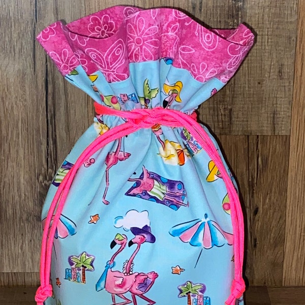 Fabric Gift Bag,  Flamingo gift bag, Reusable fabric drawstring bag, Birthday gift bag, Size: 9 X 13