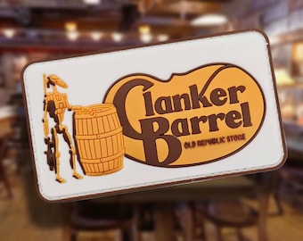 May include: A rectangular patch with a white border features the words "Clanker Barrel Old Republic Store" in brown and orange. A droid figure and a wooden barrel are on the left side of the patch.