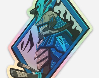 May include: An illustration of a samurai warrior in blue and white, holding a sword and wearing a helmet with the word "Samurai" written on it.
