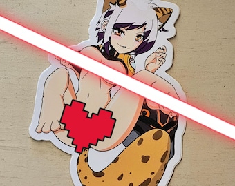 May include: A sticker featuring a cartoon character with white fur, purple hair, and a spotted tail. The character is wearing a black and gold outfit and has a heart-shaped censor over their private area.