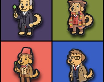 May include: Four cartoon dog figures dressed as characters from a science fiction show. Each dog is a different colour and wearing a unique outfit, including a suit, hat, scarf, and glasses. The figures are on a square background.