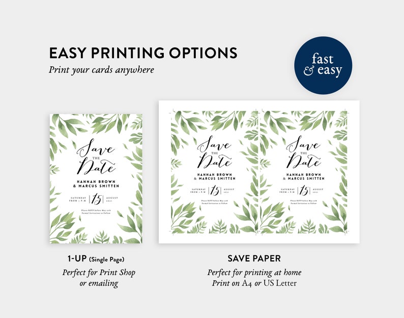 Greenery Save the date Template \u2022 Watercolor Modern Calligraphy \u2022 100/% Editable and easy to use \u2022 Printable Templett \u2022 Foliage Wreath