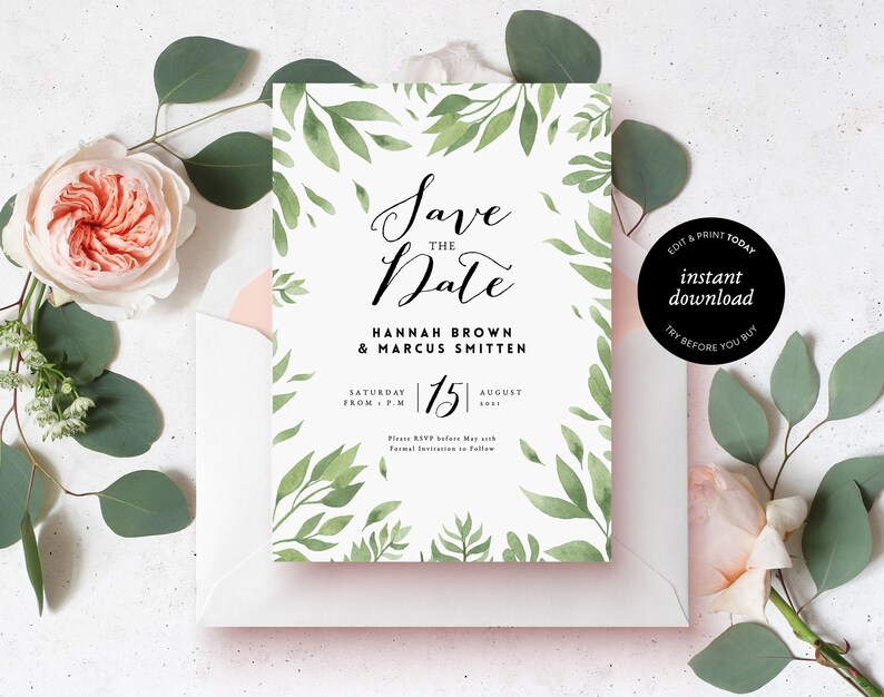 Greenery Save the date Template \u2022 Watercolor Modern Calligraphy \u2022 100/% Editable and easy to use \u2022 Printable Templett \u2022 Foliage Wreath