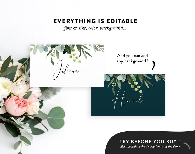 Floral Place Cards Template \u2022 Greenery Calligraphy \u2022 Wedding Place Cards \u2022 Flat and Tent Folded \u2022 Editable Template \u2022 Instant Download