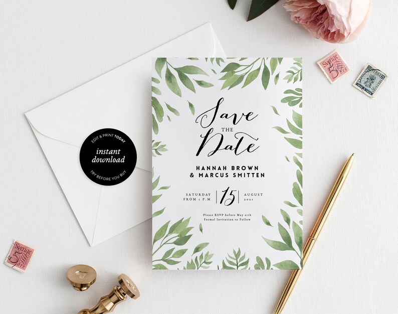 Greenery Save the date Template \u2022 Watercolor Modern Calligraphy \u2022 100/% Editable and easy to use \u2022 Printable Templett \u2022 Foliage Wreath