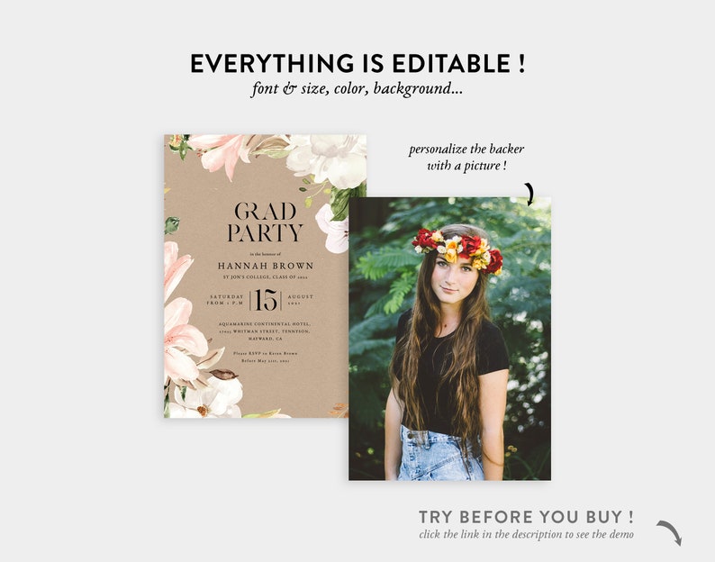 Graduation Template Floral Graduation Card Invitation Watercolor Printable Editable Easy to use INSTANT DOWNLOAD Graduation Gift