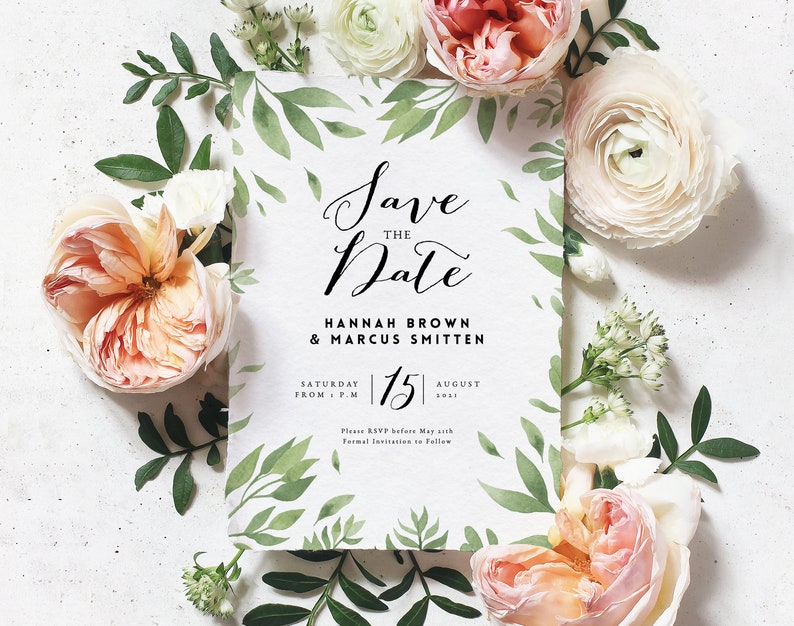 Greenery Save the date Template \u2022 Watercolor Modern Calligraphy \u2022 100/% Editable and easy to use \u2022 Printable Templett \u2022 Foliage Wreath