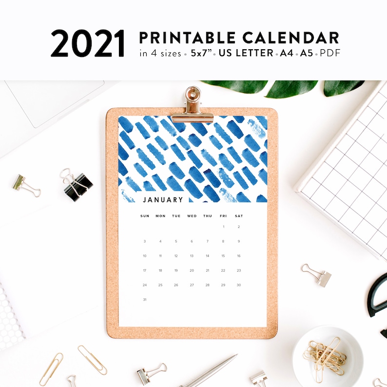 Printable 2021 Calendar Blue Watercolor Calendar Planner ...