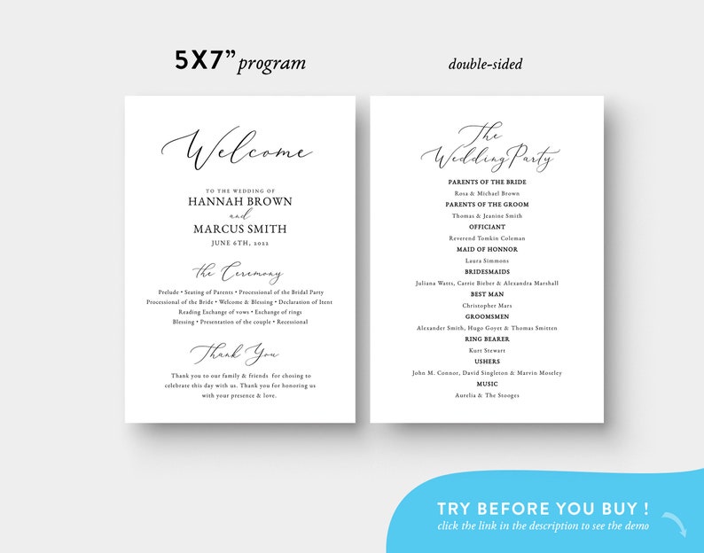 Order of service Wedding Ceremony Program Template \u2022 5x7 Editable Double Sided \u2022 Calligraphy \u2022 Minimal Elegant Program Templett Program