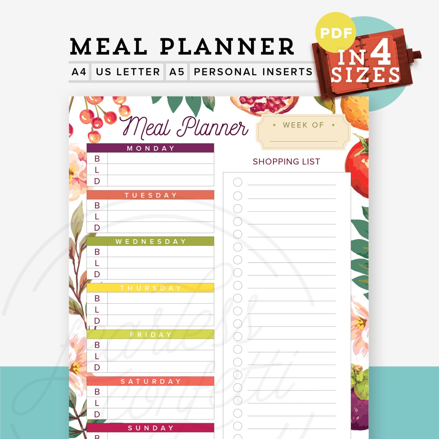 Weekly Meal Planner PDF Printable in 4 Sizes, Diy Shopping list, A4/Letter,...