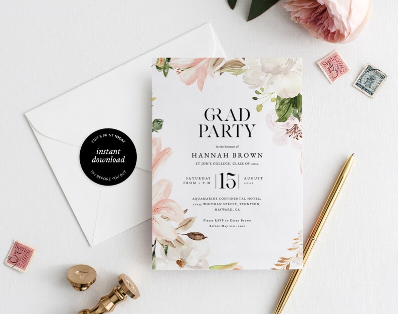 Graduation Template Floral Graduation Card Invitation Watercolor Printable Editable Easy to use INSTANT DOWNLOAD Graduation Gift