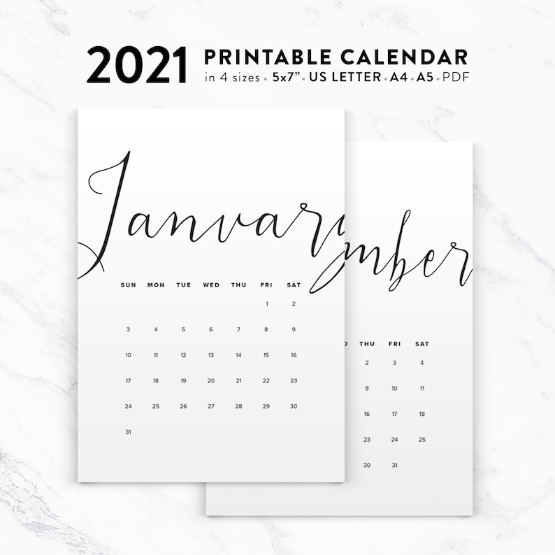 2021 Printable Calendar Calligraphy Calendar Planner 2021 ...