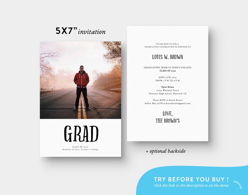 Graduation Party Invitation Printable \u2022 5x7 \u2022 Calligraphy \u2022 Editable \u2022 Graduation Invitation Template \u2022 Graduation Gift for him \u2022 Templett