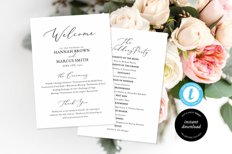 Order of service Wedding Ceremony Program Template \u2022 5x7 Editable Double Sided \u2022 Calligraphy \u2022 Minimal Elegant Program Templett Program