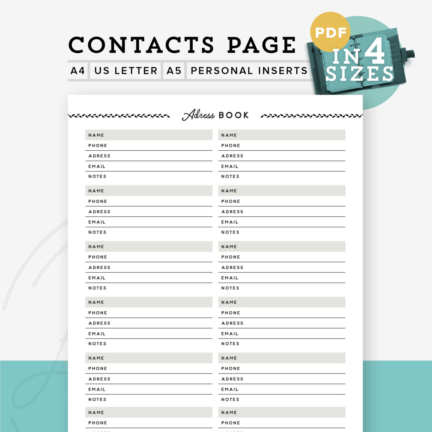 Contact page Printable Adress Book planner Contact planner Etsy