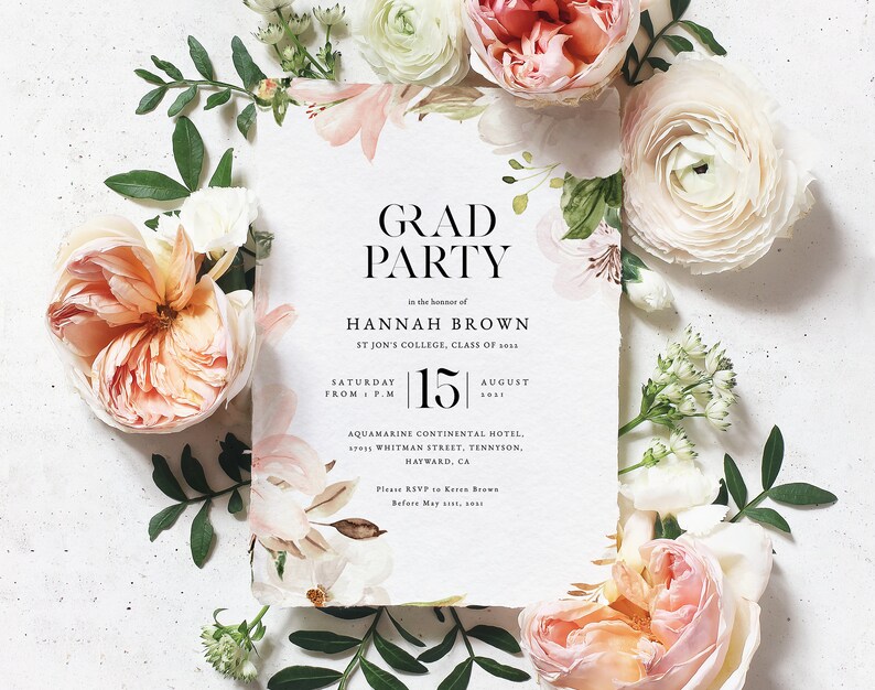Graduation Template Floral Graduation Card Invitation Watercolor Printable Editable Easy to use INSTANT DOWNLOAD Graduation Gift
