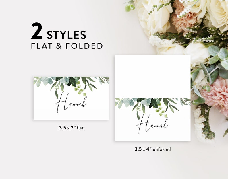 Floral Place Cards Template \u2022 Greenery Calligraphy \u2022 Wedding Place Cards \u2022 Flat and Tent Folded \u2022 Editable Template \u2022 Instant Download