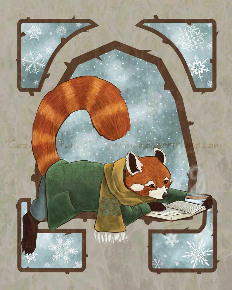 Red Panda Reading Book in Winter With Hot Tea or Coffee - Etsy