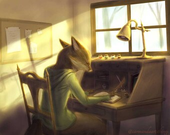 Coffee the Fox Writes at Her Desk Matted Print