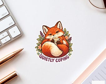 Fox Quietly Coping Sticker, Cute Watercolor Woodland Laptop Planner Water Bottle Introvert Gift