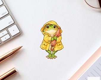 Frog Raincoat Umbrella Sticker, Cute Watercolor Amphibian Laptop Planner Water Bottle Gift