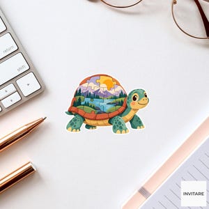 May include: A sticker of a green turtle with a shell designed as a jigsaw puzzle. The puzzle pieces depict a landscape with a blue lake, green pine trees, purple mountains, and a yellow sun against an orange sky. The turtle has a smiling face.