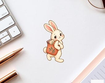 Bunny Library Tote Sticker, Cute Watercolor Bookish Rabbit Laptop Planner Water Bottle Gift