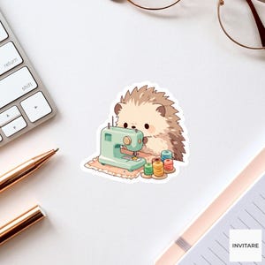 Hedgehog Sewing Machine Tailor Sticker, Cute Kawaii Laptop Bottle Planner Journal Sewing Gift