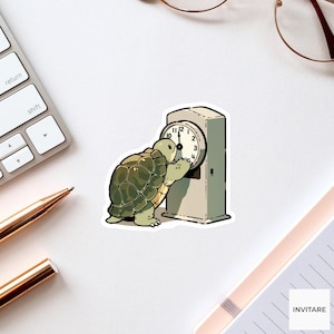 May include: A die-cut sticker featuring a green turtle with a patterned shell standing on its hind legs to adjust the hands of a tall, light-colored rectangular clock. The clock face displays black numerals and thin hands set against a white background.