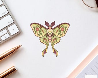 Luna Moth Floral Sticker, Watercolor Folk Art Laptop Planner Water Bottle Cottage Goth Gift