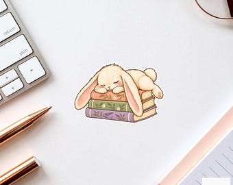 Bunny Book Stack Nap Sticker, Cute Watercolor Reader Laptop Planner Water Bottle Gift