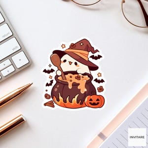May include: A sticker featuring a cute white ghost wearing a brown witch hat, stirring a dark brown cauldron filled with orange liquid using a wooden spoon. The design includes small black bats, orange stars, and a smiling orange jack-o'-lantern.