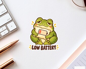 Frog Low Battery Sticker, Funny Watercolor Amphibian Laptop Planner Water Bottle Introvert Gift