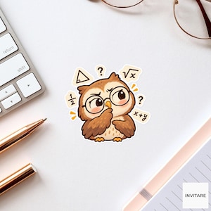 May include: A sticker featuring a brown cartoon owl wearing round glasses, looking thoughtful with a hand to its chin. The owl is surrounded by floating mathematical symbols including a triangle, a square root, a fraction, and the text x+y.