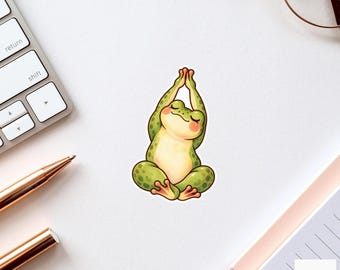 Frog Stretching Sticker, Cute Watercolor Wellness Amphibian Laptop Planner Water Bottle Gift