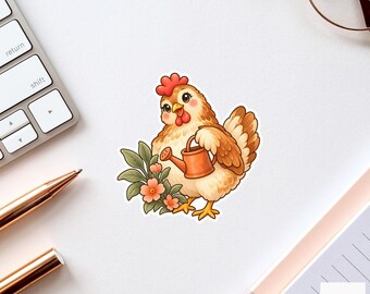 Chicken Watering Can Sticker, Cute Watercolor Hen Laptop Planner Water Bottle Garden Gift