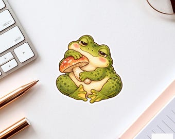 Frog Mushroom Pillow Sticker, Cute Watercolor Amphibian Laptop Planner Water Bottle Cozy Gift