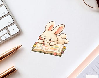 Bunny Annotating Book Sticker, Cute Watercolor Reader Laptop Planner Water Bottle Student Gift