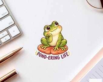 Frog Pond-ering Life Sticker, Funny Watercolor Amphibian Laptop Planner Water Bottle Gift