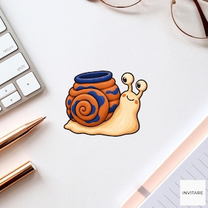 Puede incluir: Una ilustración de caracol de dibujos animados con un cuerpo de color beige claro y una concha texturizada con patrones de remolinos naranjas y azules. El caracol tiene dos ojos en tallos y una pequeña boca sonriente. La palabra "INVITARE" está impresa en la esquina inferior derecha.