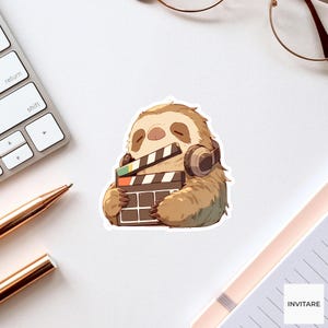 以下が含まれることがあります： 目を閉じたライトブラウンのナマケモノが、ダークブラウンのオーバーイヤーヘッドホンを装着し、上部にオレンジとグリーンのアクセントバーが付いた白黒の映画用カチンコを抱えている様子を描いたダイカットステッカー。