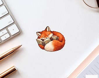Fox Book And Tea Sticker, Cute Watercolor Woodland Reader Laptop Planner Water Bottle Gift