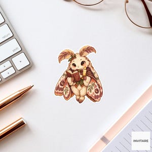 May include: A sticker featuring a fluffy, cream-coloured moth-like creature with large antennae, wearing a green vest and cape, holding an open book and a lit candle. The creature has patterned wings in shades of brown, pink, and cream.