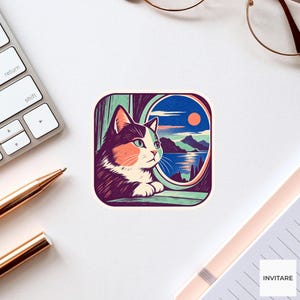 Op de afbeelding: Een vierkante sticker met een lapjeskat die uit een rond raam naar een landschap met bergen, een waterpartij en een zon aan de hemel kijkt. De illustratie maakt gebruik van een palet van paars, blauw, oranje en wit met dikke lijnen.